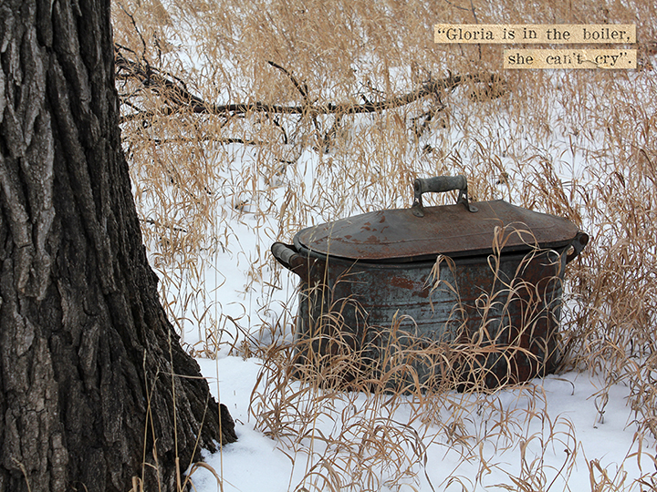 image of large copper boiler in snowy yard surrounded by golden grasses under a tree; in the top right corner are the words
Gloria is in the boiler, she can't cry.' in strips that appear cut out of yellowed paper