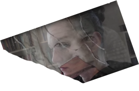 image of the author in profile facing left, with a bookshelf in the background; juxtaposed over her image is a black-and-white photo of
Josephine Miles, covered by cracks as if from the shattered glass of a mirror