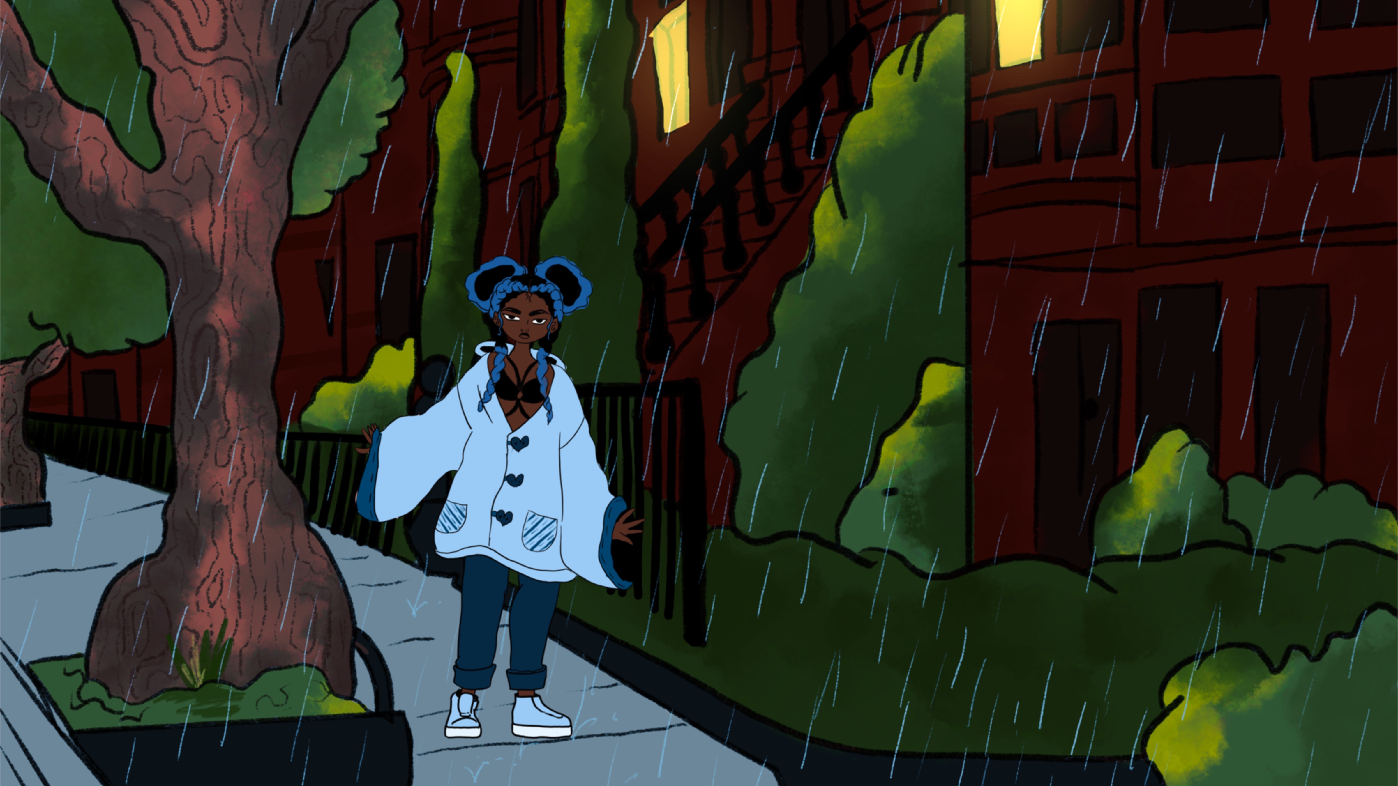 An Illustration of a panel in the novel Small Deaths featuring a character walking down a path