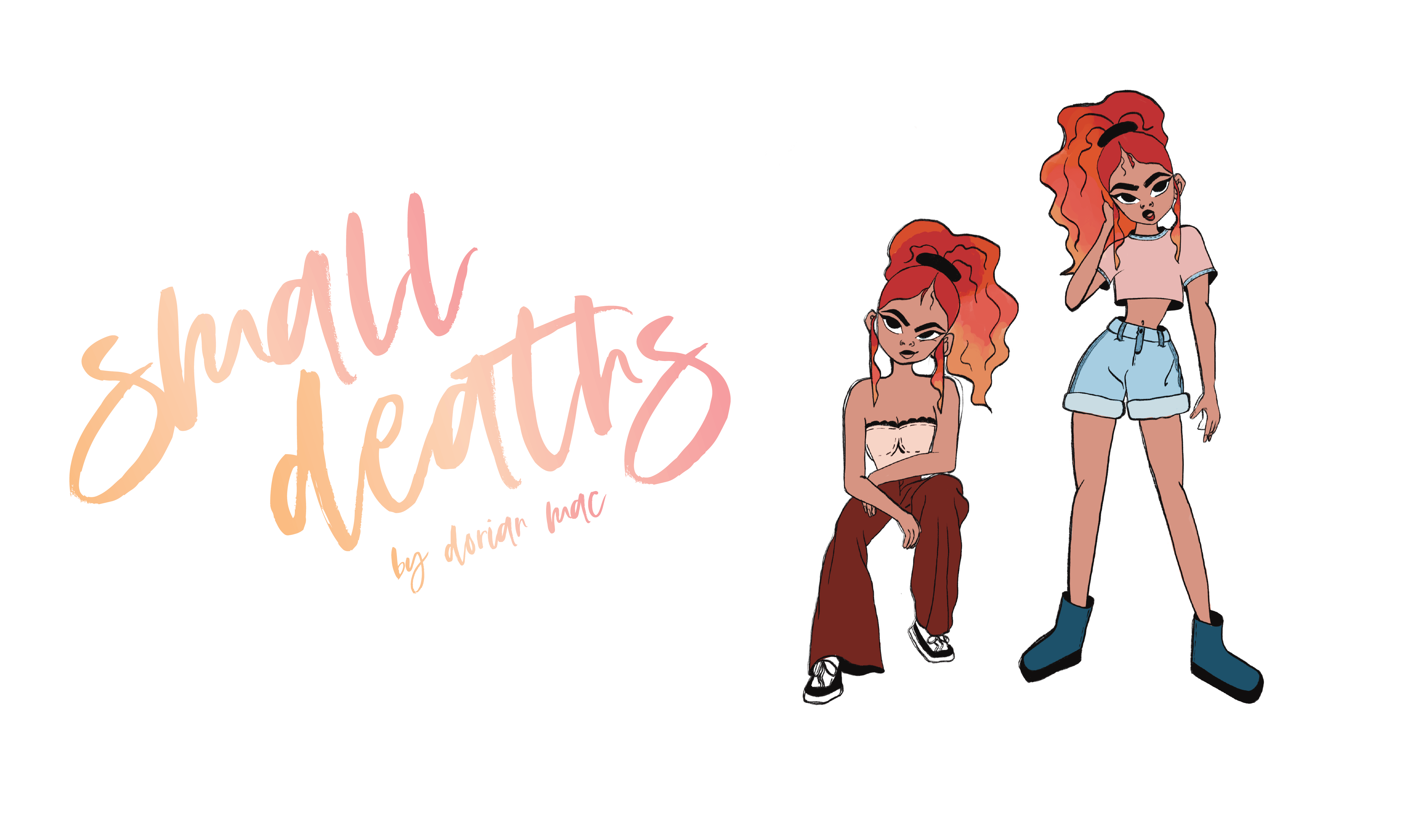 An illustraion of a character in the graphic Novel Small Deaths and title card